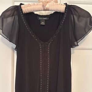 WHBM Black Blouse with Sheer Sleeves and Studded Detail